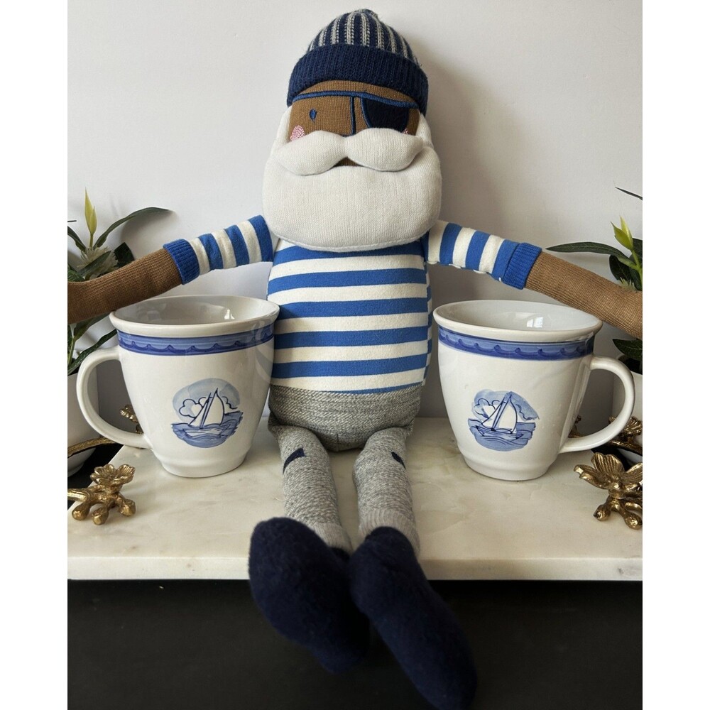Vintage Folkcraft Stoneware SAIL AWAY Coffee Mug Cup Set With Captain Figural EC